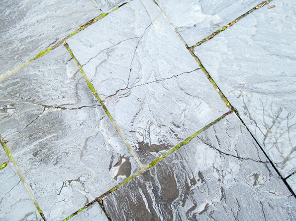 Three adjacent pavers in the Niagara Falls State Park, all exhibiting cracks.