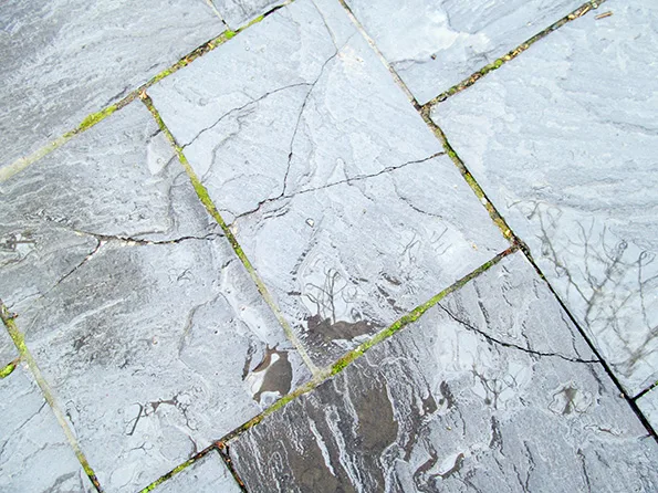 Three adjacent pavers in the Niagara Falls State Park, all exhibiting cracks.