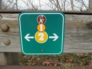 Cross Country skiing sign along the parkway. Have you ever seen a cross country skier on the parkway? Neither have we. Hard to ski on blacktop. Note the bolt through image on sign.