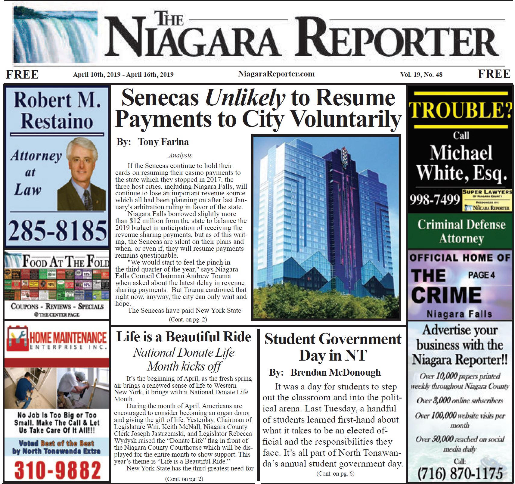 April 10th, 2019, Edition of the Niagara Reporter Newspaper