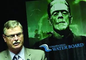 Paul Dyster voted to create the Niagara Falls Water Board which ceded control of the city’s water supply - and the right to set the rates for water in this city famous for abundance of fresh water - to Albany - in order to escape the short term political consequences of having to raise water rates in 2002. Now rates are out of control and the city is powerless to do anything about it. You have to hand it to the uninformed voters of Niagara Falls: they rewarded perhaps the most incompetent, politically expedient and extravagant [with taxpayers’ money] mayor in Niagara Falls history [he blew through $100 million in casino cash]. The voters elected and reelected Dyster three times. In this artist’s conception, Mayor Dyster [left] is depicted telling the people of Niagara Falls how wonderful a job he has done for them while a Niagara Falls Water Board member [right] looks on. [Not a real picture]. 