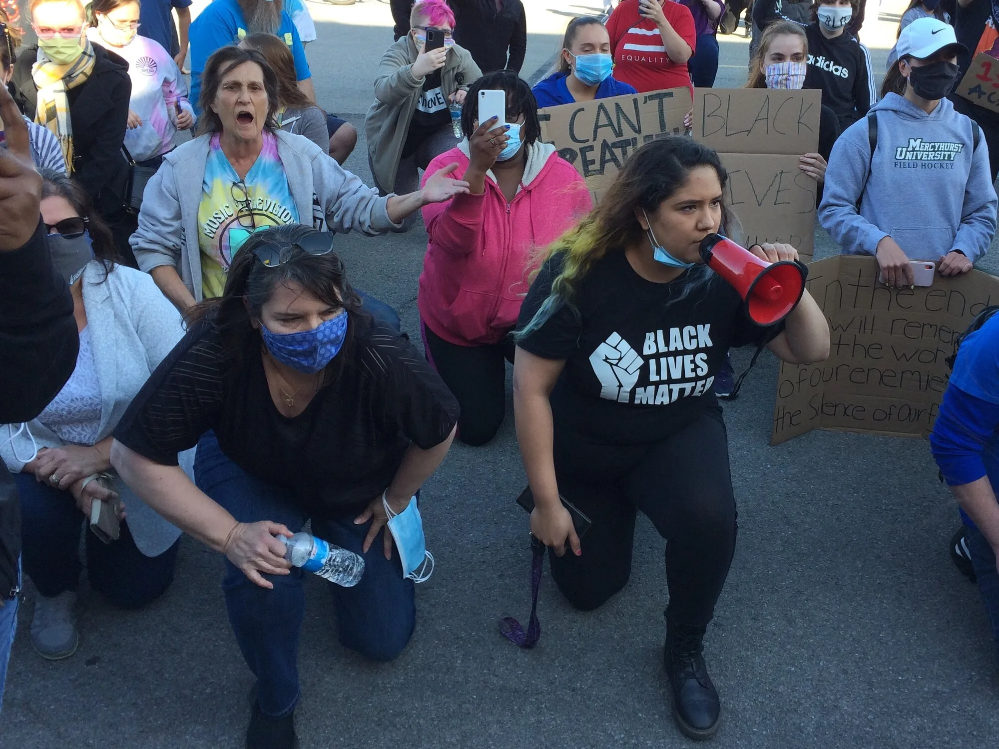 Lockport Mayor Michelle Roman Kneels With Demonstrators; Police Kneel As Well