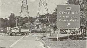 State Department of Transportation dump trucks block off the Robert Moses Parkway as it enters the Niagara Power Project in the days after the 9/11 terrorist attacks.