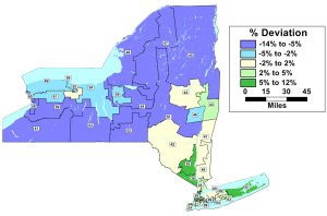 Population apportionment among legislative districts is skewed towards the end of keeping either the Republicans or Democrats in control of the State Senate (above) or Assembly (right), respectively. If you have smaller districts, population-wise, you can have more of them. Conversely, if the opposing party's districts are overpopulated, there will be fewer of them. 