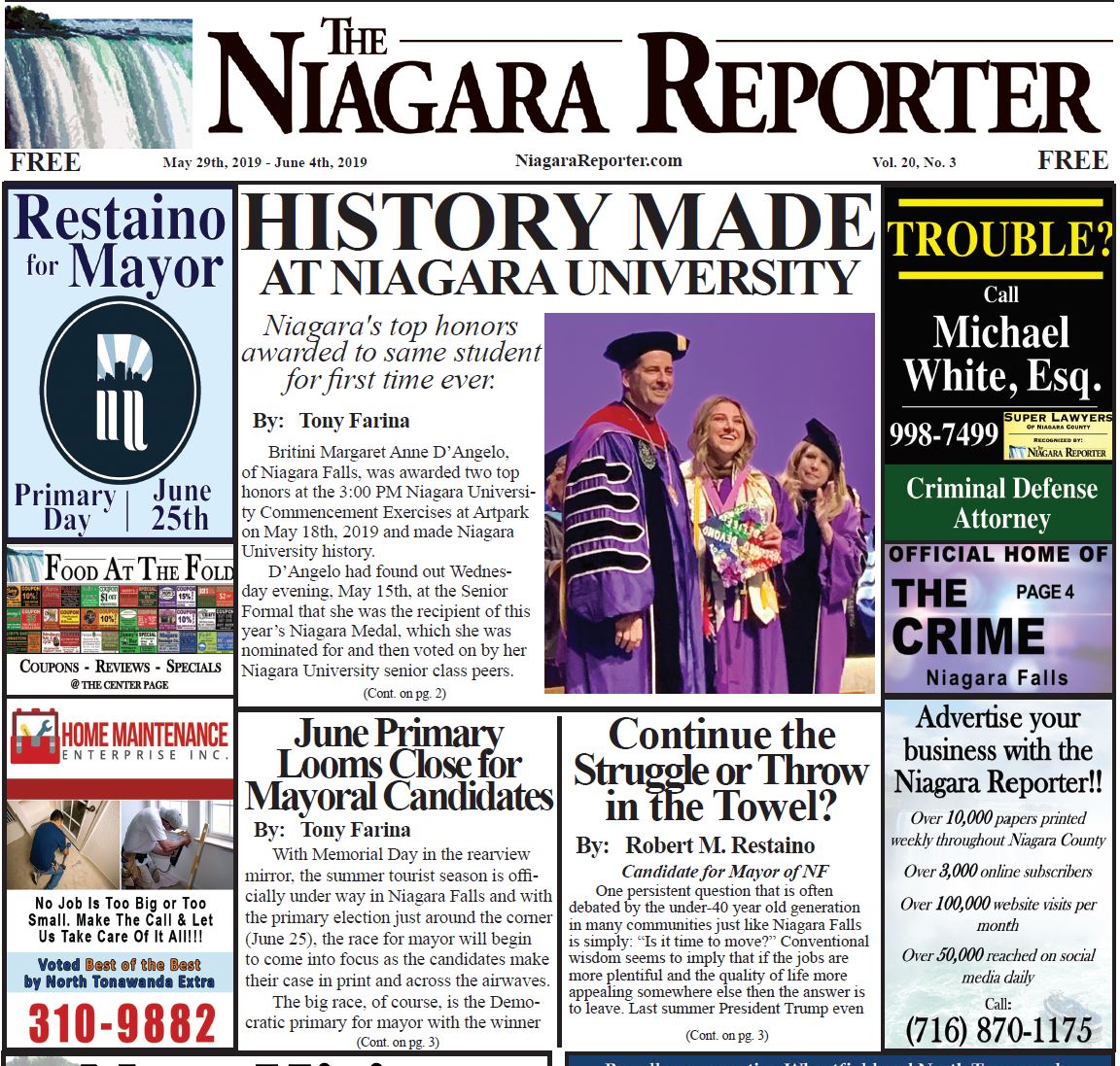 May 29th, 2019, Edition of the Niagara Reporter Newspaper