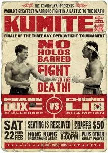 Poster from the 1988 movie Bloodsport, starring Jean Claude Van Damme as Frank Dux.