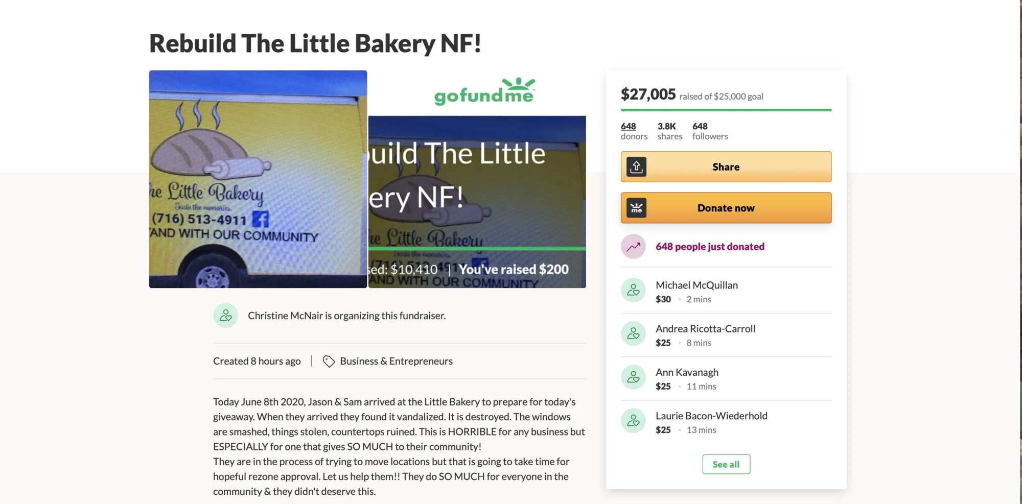 Go-Fund-Me Page for Little Bakery Raises Over $27,000 in First Nine Hours
