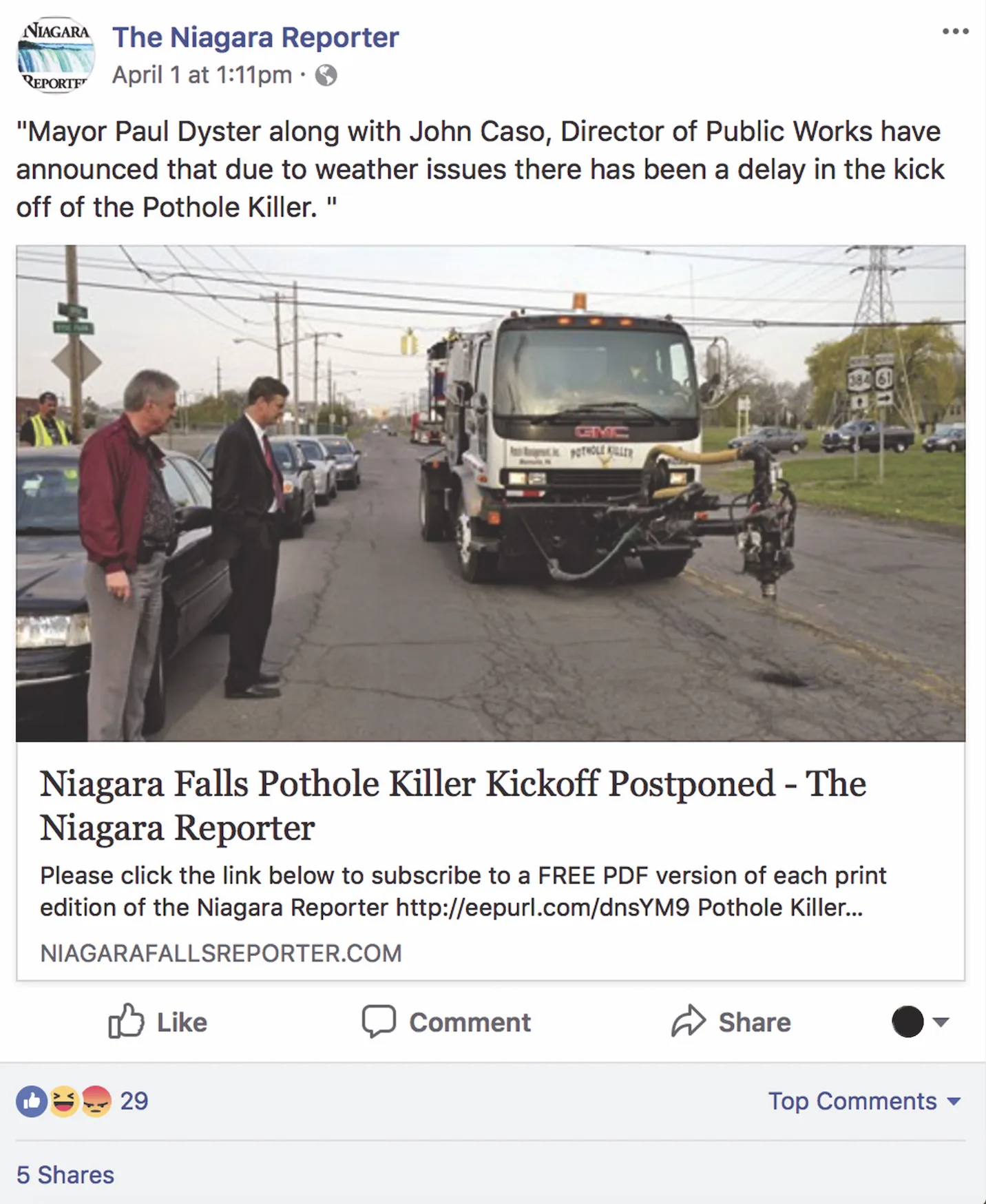 People’s Voice Edition: Niagara Falls Pothole Killer Kickoff Postponed
