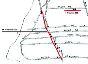 A copy of one of the maps from the US Dept of Energy’s 1979 survey. The map shows that Portage Road has 13 hot spots of concentrated radioactivity that was detected from aerial surveillance.