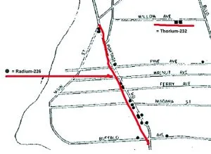 A copy of one of the maps from the US Dept of Energy’s 1979 survey. The map shows that Portage Road has 13 hot spots of concentrated radioactivity that was detected from aerial surveillance. 