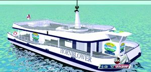 They board a nice sleek new Hornblower boat.