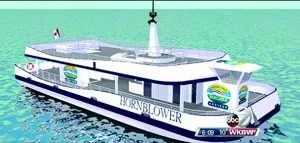 They board a nice sleek new Hornblower boat.