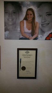 The original copy of Amanda Lynn's Law, along with the pen used by Gov. Andrew Cuomo to sign it, now hangs proudly in the home of Amanda's mother Leslie Brill Meserole, who fought for six years to get the legislation passed.
